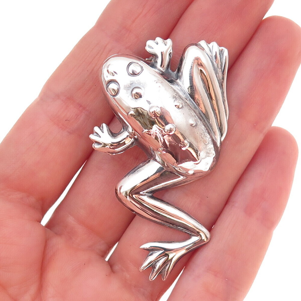 925 Sterling Silver Vintage Frog Good Luck Oxidized Pin Brooch